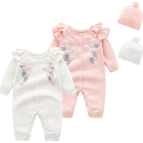 Infant Newborn Baby Girl Knitted Sweater Jumpsuit Kid Toddler Outfit Rompers Spring Newborn Girl Clothes Baby Onesie with Hat