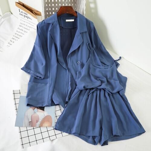 HELIAR Women Three pieces Sets Hong Kong Flavor Casual Tailored Collar Coat Sexy Camisole And Simple Solid Elastic Waist Shorts
