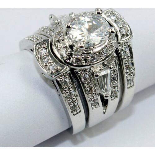 Fashion Jewelry Vintage 7mm*5mm CZ simulated stones 14KT White Gold Filled Lovers 3-in-1 Engagement Wedding Ring Sz 5-11 Gift