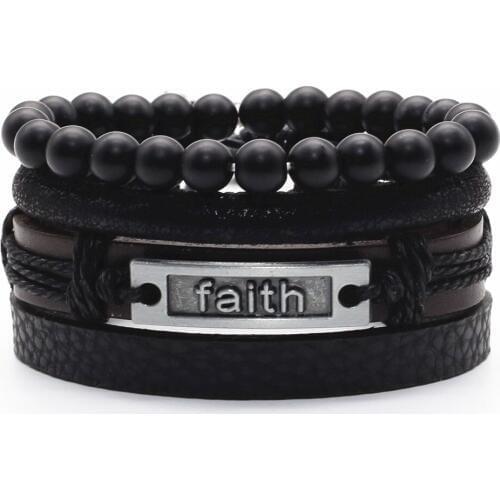 New 4Pcs/set Black Brown Leather Alloy Words Eye Peace Charm Wood Stone Beads Bracelets Men Women Femme Homme Casual Jewelry