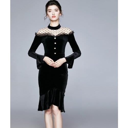 2020 Autumn Winter Dress Velvet Vintage Office Black Bodycon Dress Women Long Sleeve Sexy Mesh Ruffle Mermaid Dresses Party