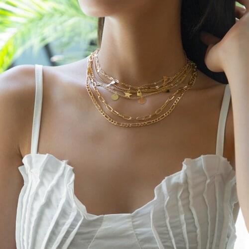 New Punk Mix and Match Hollow Chain Star Tassel Necklace European and American Style Simple Metal Copper Geometric Necklace 2021