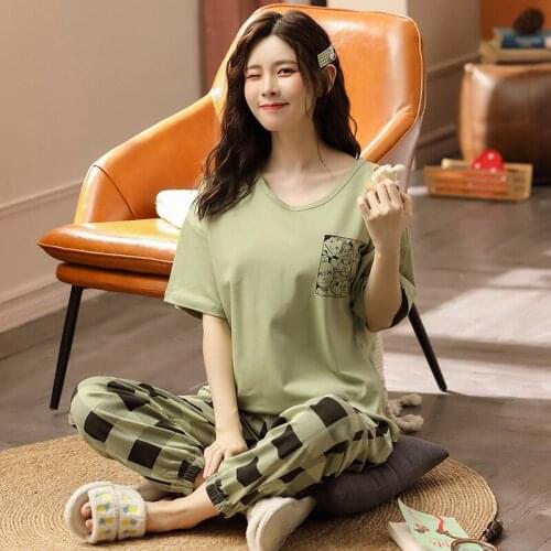 Womens Pajamas Set Cute Cartoon Print Top and Plaid Trousers Sleepwear Suit Leisure Comfortable Home Suit Homewear Korean 2021