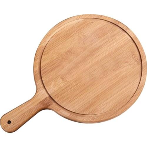 Bamboo-wood pizza tray round handle Japanese-style household western-style steak tableware Pizza tray bottom supports solid wood