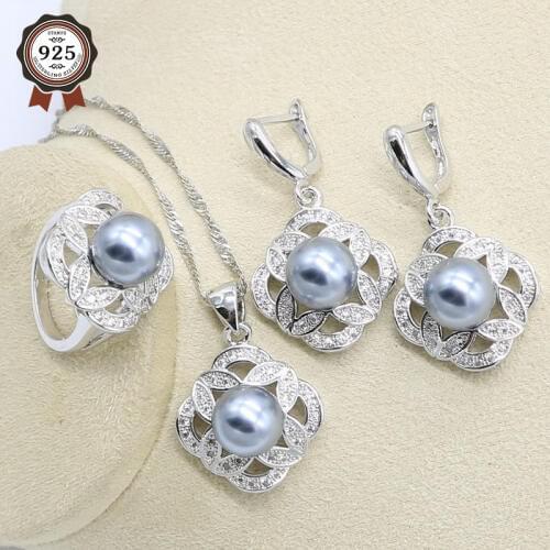Gray Pearl Silver Color Wedding Jewelry Set for Women Earring Necklace Pendant Ring Birthday Gift