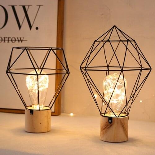 Modern Wooden Base Table Lamp Iron Art Copper Wire Bulb Night Desk Lights Bedroom Bedside Reading Table Light For Christmas Gift