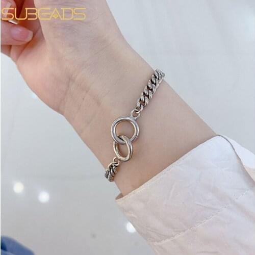 Subeads 925 Sterling Silver Double Layer Circle Chain Bracelet For Women Thick Link Chain Adjustable Wrist Bracleet Jewelry Gift