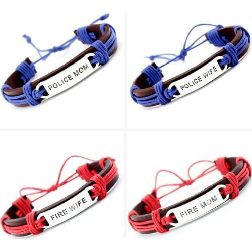 Thin Blue Line Fire Mom Wife Dog Paw Turtle Tortoise Scissors Skull Arrow Dragon Charm Wax Leather Bracelets Women Men Jewelry