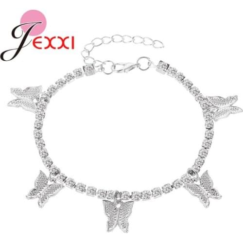 Bohemian 925 Sterling Silver Butterfly Anklets for Women Shiny Zircon Chain Ankle Bracelet Beach Barefoot Female Jewelry