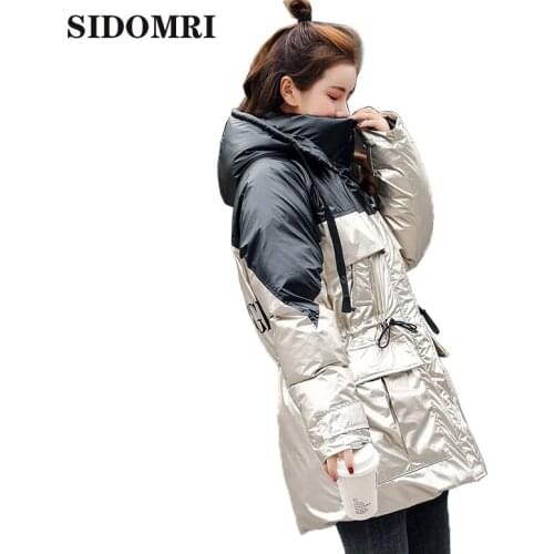 Wintermid- Long Parkas warm Jacket Womens New Short Shiny Hooded Stand Collar Coat Female Stitching Thick Warm Feather Jackets