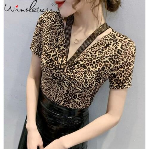 Summer Korean Style All Match T-ShirtChic Sexy V-Neck Knotted Hollow Out Shiny Diamonds Women Tops Short Sleeve Tees 2021 T13118