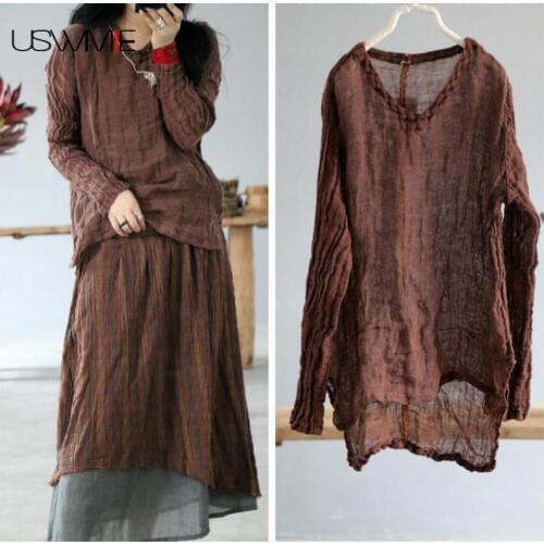 Women Clothes 2020 Autumn Literary Retro Simple Leisure O-neck Irregular Hem Long Sleeve V-neck Plus Size Comfort Pullovers