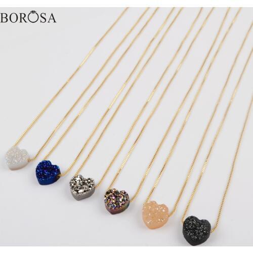 BOROSA 5Pcs Fashion Rainbow Heart Shape Titanium Natural Druzy Pendant 16.5~17 inch Chain Adjustable Necklace for Women G1889