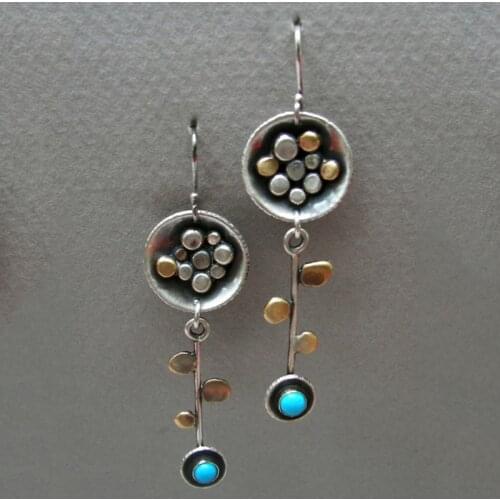 Vintage Two Tone Leaf Metal Blue Beads Earrings For Women Tribal Jewelry Round Pendientes Drop Dangle Earrings Gift