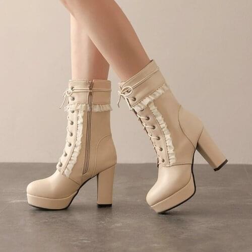 White Boots Cos Shoes Lacing Mid-calf Boots Female Platform Thick Heel Plus Size Boots High-Leg Boots Women Shoes