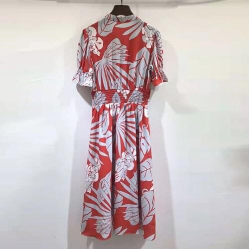 100% 2021 Silk High Quality Runway Fashion Summer Lantern Sleeve White Flower Print Long Splited Elegant Dress