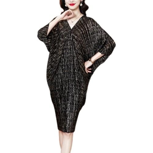 2021 High Quality New Fashion V Collar Pleats Batwing Sleeve Loose Big Size party Dress For Women Print Clothing Vestido YE853