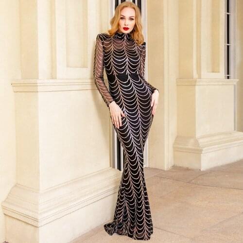 Gold Sequined Long Evening Party Dress High Collar Neck Hollow Out Maxi Dress Stretch Bodycon Gown