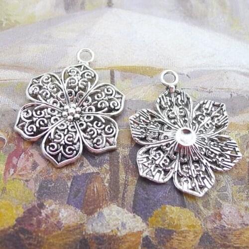 10PCS/Lot 24mm*32mm Pendant Antique Silver Color Five-petaled flowers Charms For DIY Jewelry Making Jewelry Findings