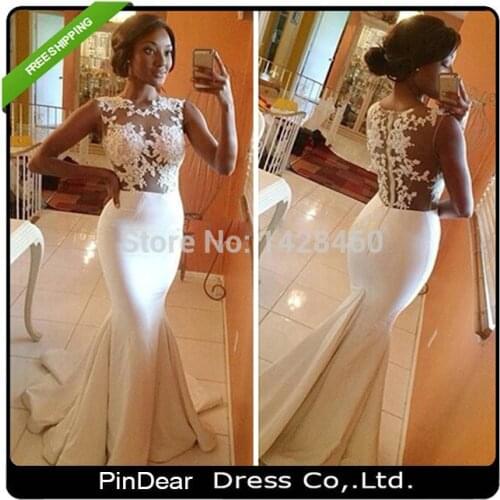 2018 Scoop Neck Elegant Appliques White Lace Long Prom Dress Mermaid Evening Gown vestido de festa long de baile
