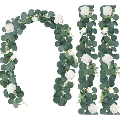3Pcs 6.5Foot Artificial Eucalyptus Garland With Flower,Faux Silk Eucalyptus Greenery Leaf Hanging Vine For Wedding Decor