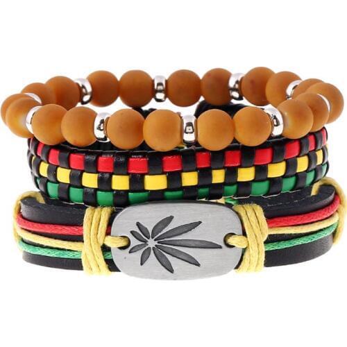 Fashion Braclect 3Pcs Jamaica Leather Weed Hemp Cord Woven Braided Bracelets Rasta Reggae Jeweley