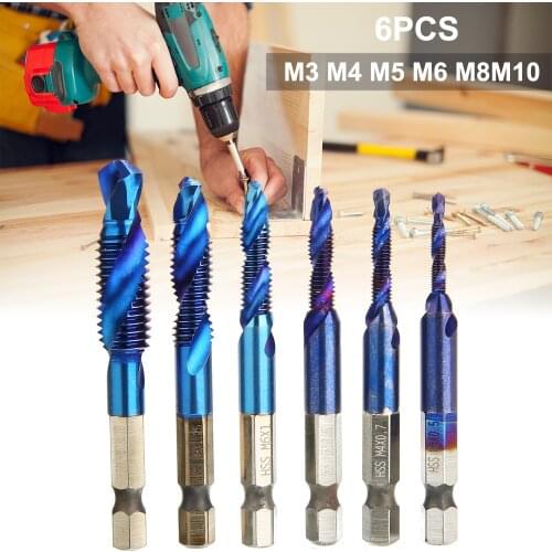 6pcs/set Hand Tap Drill Bits HSS Screw Spiral Point Thread M3 M4 M5 M6 M8 M10 High Speed Steel Hex Shank Machine Nano Taps Kit