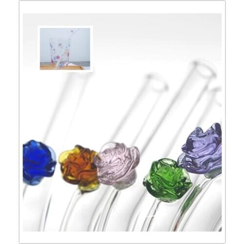 8mm Clear Glass Borosilicate Drinking Straw With a rose pattern Reusable Straws Bent [Set of 3]