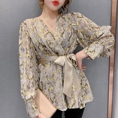 #8230 Spring Autumn Snake Pattern Printed Blouse Women With Belt Casual Vintage Blouse Long Sleeves Loose Women Blouses V-Neck