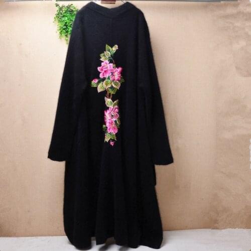 930g female women soft hairy vintage flower mink cashmere knitwear long sleeves angora fur long sweater cardigan jacket coat