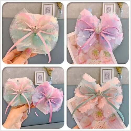 Boutique 12pcs Fashion Cute Glitter Tiaras Gradient Floral Bow Hairpins Rhinestone Crown Bowknot Hair Clips Princess Headwear