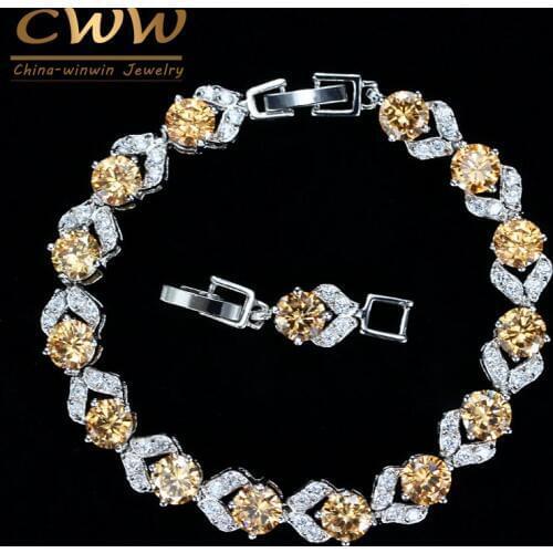 CWWZircons Fashion Created Gemstone Jewelry Round Cut Champagne Yellow Crystal Bracelets & Bangles Gift for Women CB182