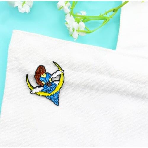 Girl in blue dress Enamel Brooch A woman with long hair Moon boat Lapel Pin Backpack skirt badge jewelry accessories