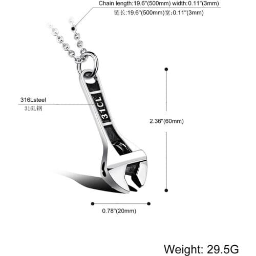 Fitness Stainless Steel Silver Color&Black Wrench Pendant Mens Boys Jewelry Pendant Necklace Vertical Cross Link Chain 24inch