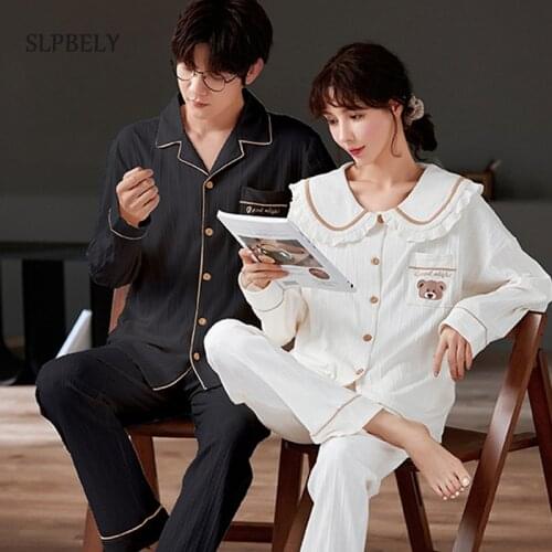 SLPBELY Cotton Couple Pajamas Set Homesuit Autumn Winter Cartoon Bear Lapel Long Sleeve Men And Women Nightwear Lovers Pyjamas