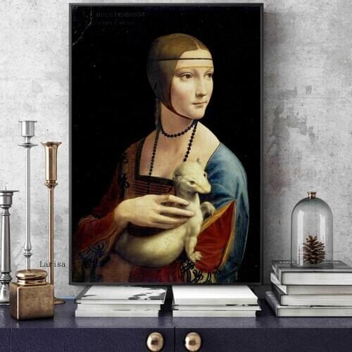 A Lady with an Ermine Reproductions By Leonardo Da Vinci Famous Canvas Wall Art Painting Print Poster Picture for Home Decor