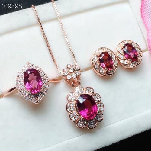 Natural pink topaz gem jewelry sets natural gemstone ring earrings necklace S925 silver Luxurious Sun flower Women girl gift