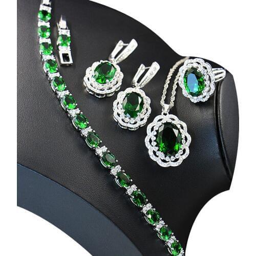 Green Emerald 925 Silver Bridal Jewelry sets For women Necklace Earrings Ring Bracelets For Birthday Gift