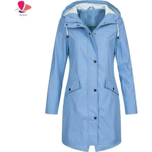Plus Size 5XL Womens Coat Fashion Solid Rain Jacket Outdoor Hooded Waterproof Long Coats Overcoat Lady Windproof Jackets