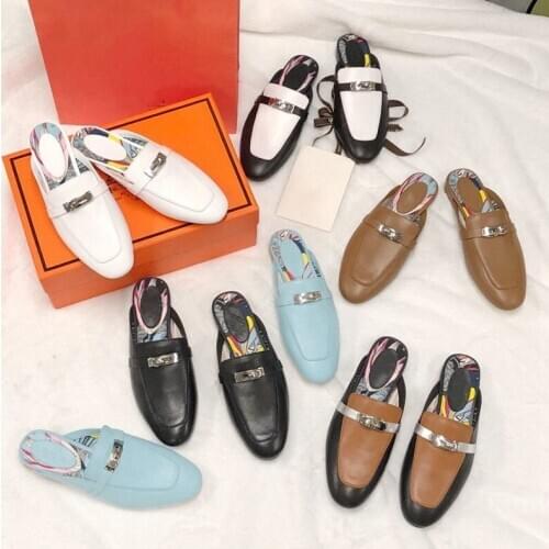 Mules Women Genuine Leather Mental Lock Decor Slippers for Women Rome Style New Design Fashion Slides Luxury Brand Woman Shoes