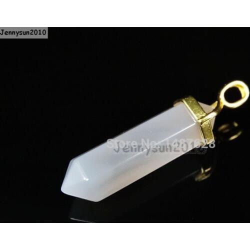 Natural Grey Ag-ate Gems Stones Hexagonal Pointed Healing Reiki Chakra Gold Pendant Beads Necklace Earrings Jewelry 10Pcs/Pack