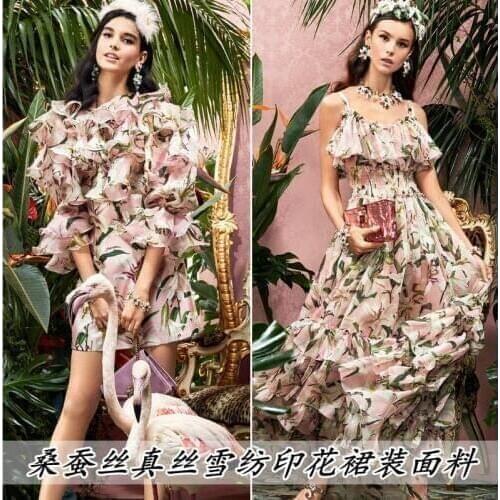 New Lily Natural 100% Silk Chiffon Printing Brand Fashion Apparel Fabric Thin Handmade DIY Design Dress Shirt Fabric
