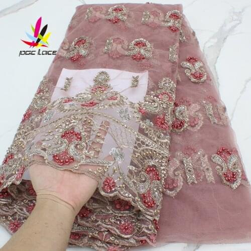 Latest African Fabrics Nigerian French Tulle Mesh Lace Nigeria Luxury Handmade Beads Lace Mesh Net Lace Beaded Lace