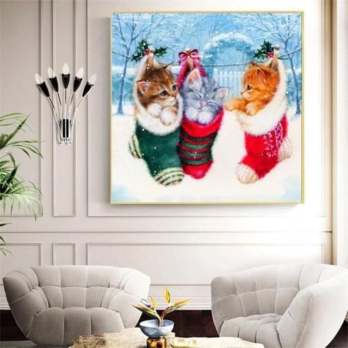 New 5D Diamond Painting Sock Cat Full Mosaic Crafts Art DIY Diamond Embroidery Animal Winter Christmas Gift Decoration for Kids