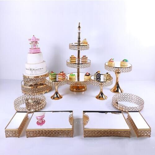 5-14pcs Crystal Metal Cake Stand Set Acrylic Mirror Cupcake Decorations Dessert Pedestal Wedding Party Display Tray