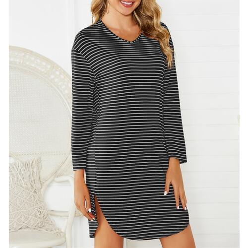 Pdfmily 6 Colors Striped Short Dresses 2019 Winter Autumn Women V-Neck Long Sleeve A-Line Loose Casual Split Ladies Black Dress