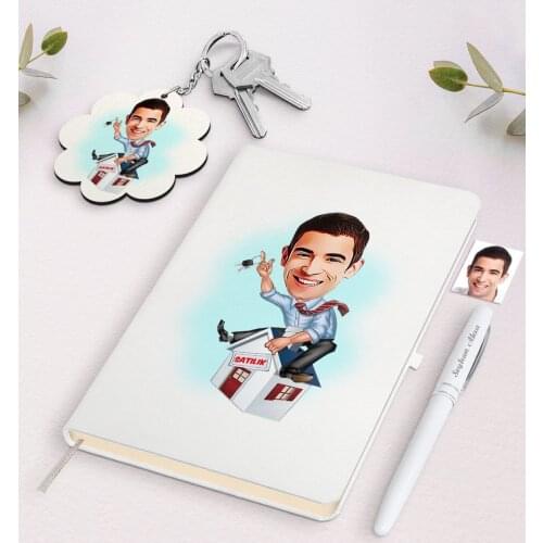 Personalized Men 'S Estate Agent Caricature Of White Notebook pen And Keychain Gift Seti-1 Reliable Quality Gift Casual design