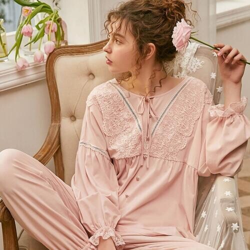 Pajamas Women Cotton White Pink Pajama Suit Long Sleeve Pajamas Leisure Sweet Sleepwear Lady