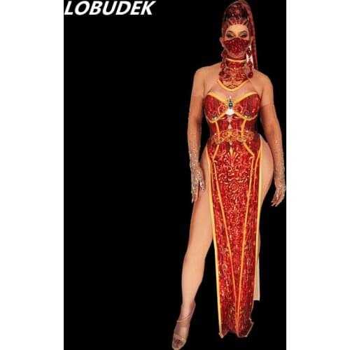 Red Vintage Pattern Cheongsam Rhinestones Halter High Slit Backless Long Dress Singer Dancer Stage Wear Nightclub Party Costume