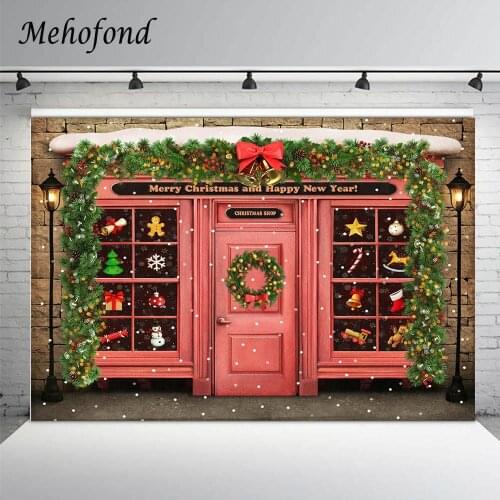 Pink Christmas Shop Backdrop Winter Snowflake Brick Wall Wreath Bells Baby Portrait Decoration Photography Background Photozone